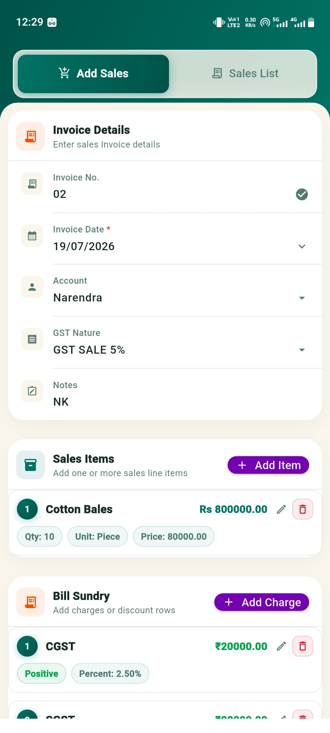 Add Sales Tab screenshot